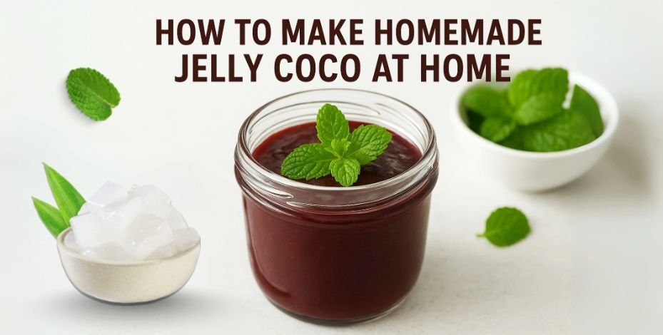 Glass jar of homemade jelly coco topped with mint leaves, placed beside a bowl of nata de coco cubes and fresh mint, with text “How to Make Homemade Jelly Coco at Home.